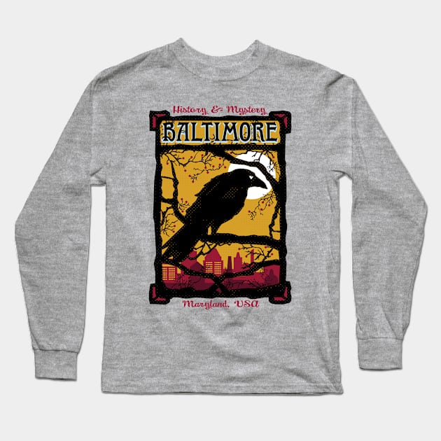 Charm City, Baltimore Raven Watches Over City, Design for Baltimore Lovers Long Sleeve T-Shirt by penandinkdesign@hotmail.com